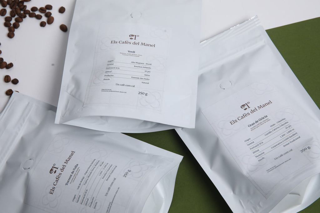 Bosses de Verdi, Gran de Gràcia i Torrent de l'Olla sobre una cartolina verda amb gra de cafè